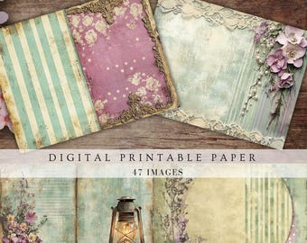 Vintage lila blått skräpjournalpapper, distressed cottage shabby chic, fjärilsfyllnadssidor för scrapbooking, digitalt utskrivbara verandatryck