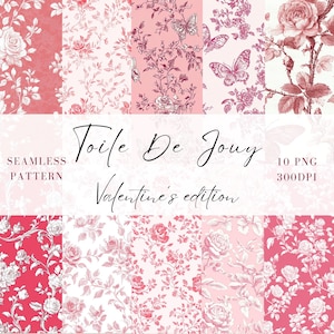 Toile de jouy floral seamless pattern digital paper, valentine's day chinoiserie french toile baby shower wedding bridal party junk journal