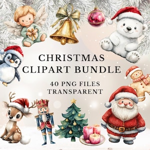 Vintage watercolor christmas clipart bundle, santa reindeer snowman ornament, gift scrapbook craft idea, xmas holiday downloadable png