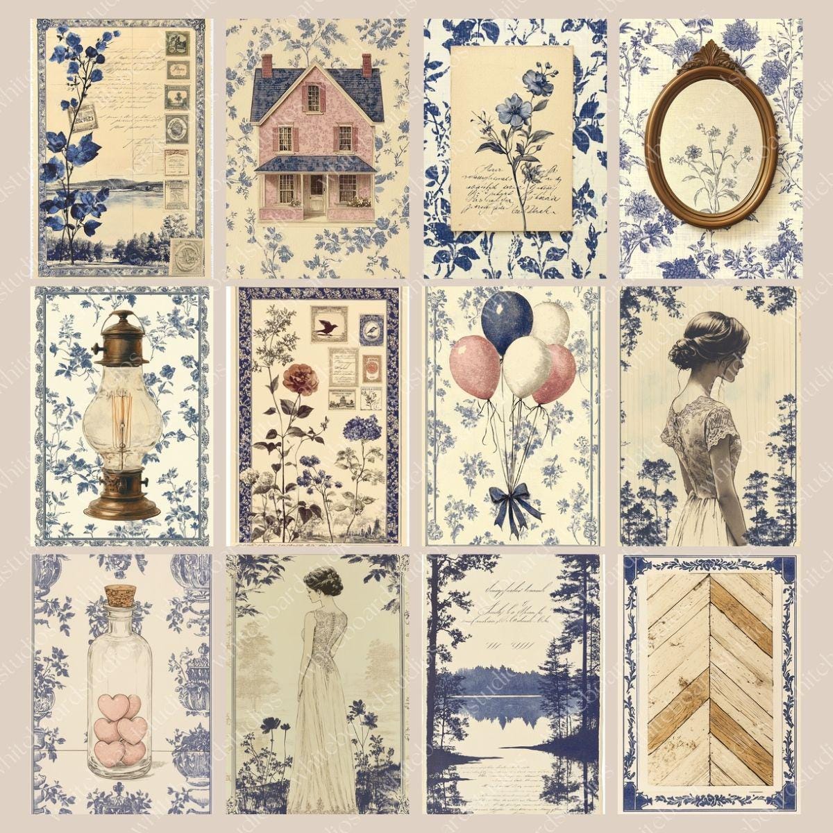 Vintage Toile De Jouy Blue Scrapbook Junk Journal Pages Add on Kit ...