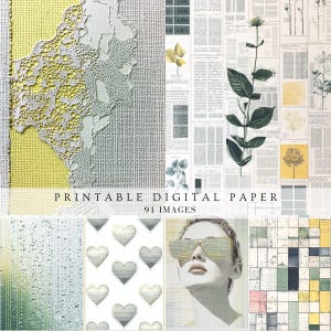 Cartes postales en papier de scrapbooking journal de remplissage vert gris jaune, rayures, dames, éphémères, pois, botanique, floral imprimable numérique