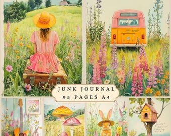Boho vintage summer pink junk journal scrapbook pages, digital floral decoupage countryside animal filler paper for wedding birthday party