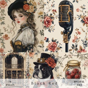 Pagine di scrapbooking nero rosso, diario spazzatura, arte murale, steampunk, retrò, vintage, toile de jouy, paesaggio, animale, carta digitale effimera