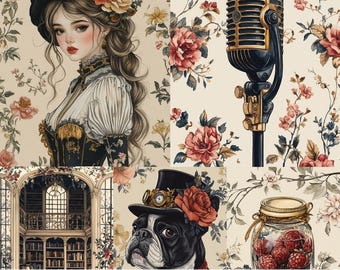 May include: Digital art collage featuring a woman in a Victorian-era outfit, a vintage microphone, a bulldog wearing a top hat, and a jar of raspberries. The background is a floral pattern with the words "76 PAGES", "Black Red", and "DIGITAL ART".