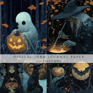 Journal indésirable Halloween page de scrapbooking vintage citrouille gothique chauve-souris sorcière orange de remplissage imprimable numérique invitation vacances carte porche estampes