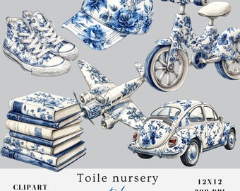 Toile nursery toy clipart bundle, blue french toile de jouy, chinoiserie, wedding bridal baby shower birthday mother's day valentines