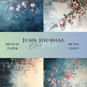 フラワー ジャンク ジャーナル ペーパー、ブルーのビンテージ風のアンティーク調の花柄モチーフ、アンティーク デコ グランジ風のアンティーク調背景、スクラップブック用デジタル ペーパー