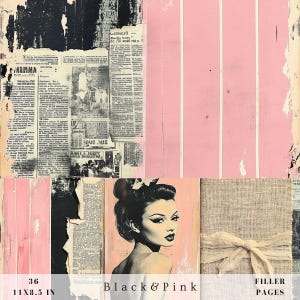 Junk journal black pink filler pages, newspaper, pattern, shabby antique floral background, digital paper printable scrapbook, porch prints