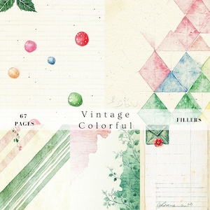 Vintage faded colorful junk journal filler pages, shabby chic scrapbook digital pages, printable add-on downloadable paper, distressed