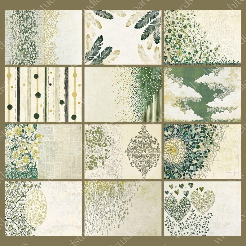 May include: A collection of twelve rectangular cards with various designs. The cards feature botanical and abstract patterns in shades of green, gold, and white. Some cards have feather, floral, or geometric motifs.