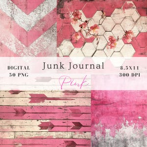 May include: Digital paper pack with 50 pink patterned papers for junk journaling. The papers feature a variety of designs, including chevron, honeycomb, and wood grain.