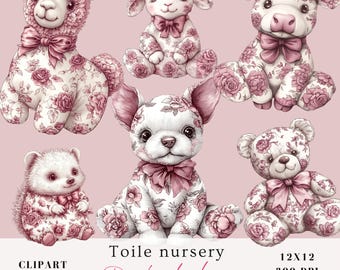 Toile nursery clipart bundle, pink french toile de jouy, chinoiserie, wedding bridal baby shower birthday mother's day valentines