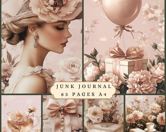 May include: A collage of images with a vintage theme. It includes a woman in a floral hat, a gift box with a balloon, a teacup, a bow with pearls, a jewelry box, and a small table with a teacup and book. The text "Junk Journal 83 Pages A4" is also present.