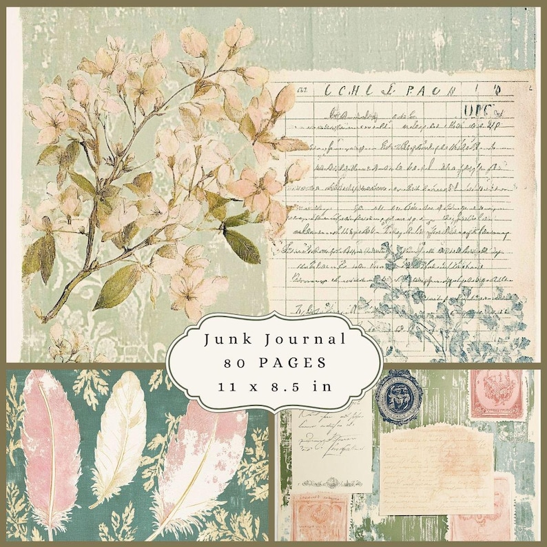 Vintage Pastel Green Ink Junk Journal Pages, Digital Printable Antique ...