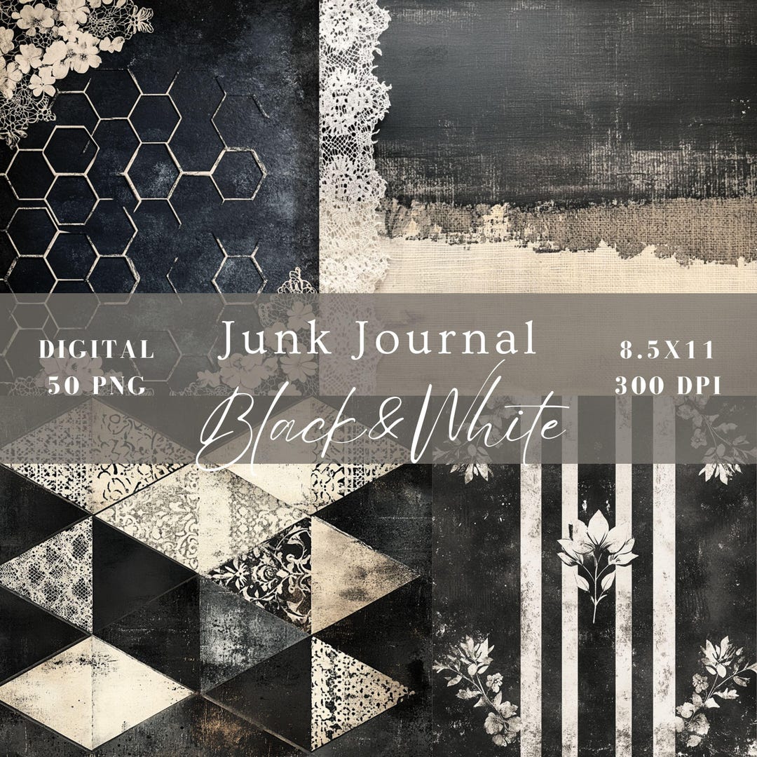 Black and White Junk Journal Digital Paper, Monochrome Shabby Chic ...