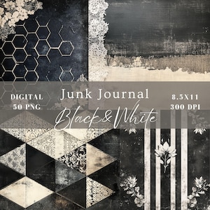 Peut inclure: Un ensemble de papiers numériques pour journal intime en noir et blanc. L'image présente divers arrière-plans texturés, notamment des motifs géométriques, des accents floraux et des textures vieillies. Le texte sur l'image indique "Junk Journal Black & White 8.5x11 300 DPI".
