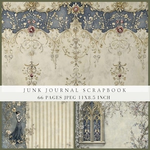Papel de diario azul adornado, estilo shabby chic vintage, estilo cabaña, páginas de relleno antiguas y desgastadas para álbum de recortes, tarjeta de invitación imprimible digitalmente