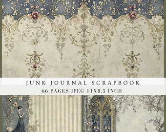 Ornate blue junk journal paper, vintage shabby chic, cottage, antique distressed filler pages scrapbook, digital printable invitation card