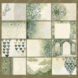 May include: A collection of twelve decorative cards with vintage-style designs. The cards feature various patterns, including floral motifs, hearts, and architectural elements, in shades of green, gold, and cream. The overall aesthetic is reminiscent of antique ephemera.