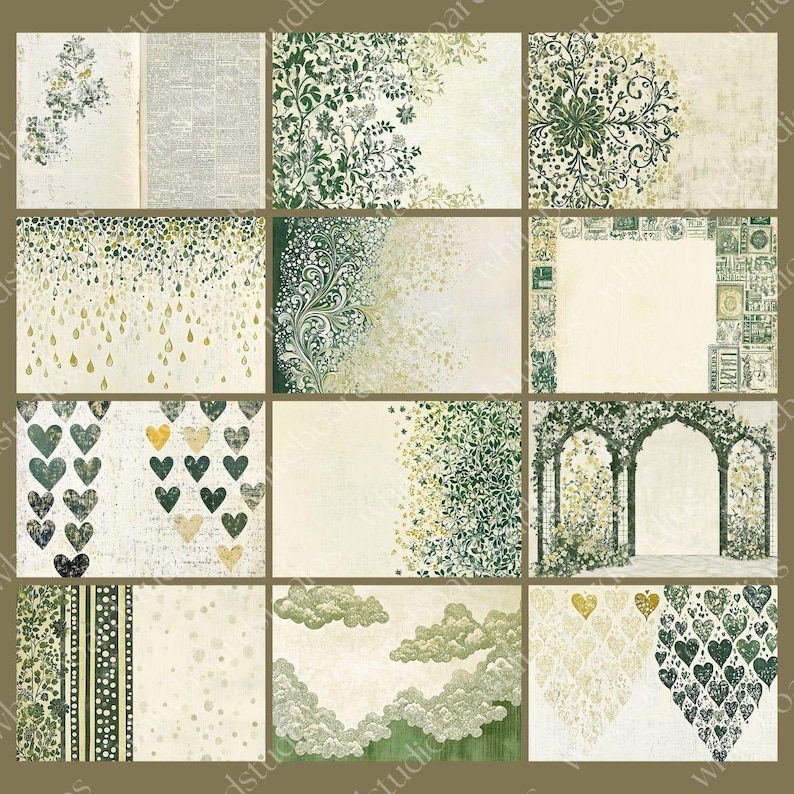 May include: A collection of twelve decorative cards with vintage-style designs. The cards feature various patterns, including floral motifs, hearts, and architectural elements, in shades of green, gold, and cream. The overall aesthetic is reminiscent of antique ephemera.