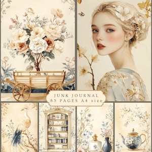 Página de preenchimento de álbum de recortes vintage com itens florais dourados para chá de bebê, convite digital para impressão, pôster e cartão