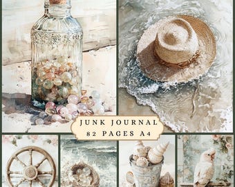 Summer beach scrapbook junk journal filler pages, digital ocean floral boho vibe, wedding invitation party decoupage printable paper