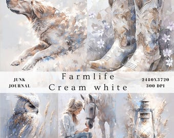 Auf dem Bauernhof Junk Journal, verträumte beige Retro-Pop Landschaft, Natur, Tiere, Blumen, botanisches, ephemera druckbares digitales Papier