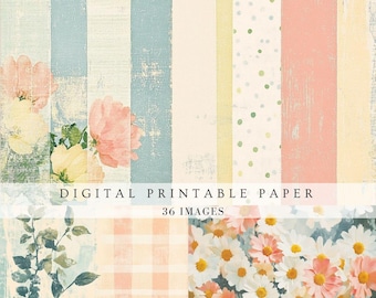 Op de afbeelding: Digitaal printbaar papier met een verscheidenheid aan patronen en bloemmotieven. De afbeelding toont strepen, stippen en bloemstukken in pastelkleuren. De tekst "DIGITAL PRINTABLE PAPER" en "36 IMAGES" wordt weergegeven.