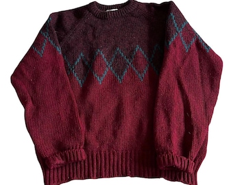 Vintage Gap Mens Medium 100% Wool Argyle Crewneck Sweater Red Burgundy Teal 80s