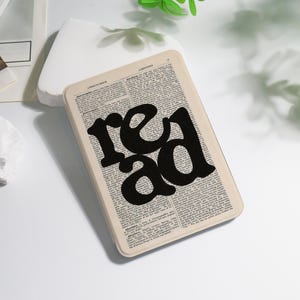 May include: A rectangular phone case with a vintage book page design and the word "read" in large, black letters. The case has a cream-coloured border and a glossy finish, ideal for book enthusiasts.
