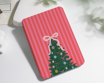 May include: A rectangular case with a festive Christmas tree design. The case has a pink and red striped background. The Christmas tree is green with colorful ornaments and a pink bow.