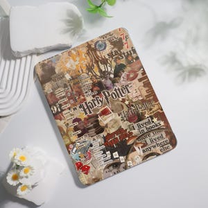 May include: A rectangular case with a collage design featuring the words "Harry Potter" in a bold font. The design incorporates various images, text snippets, and a vintage aesthetic. The case has a glossy finish.