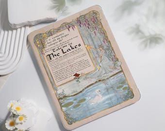 May include: A rectangular case with a vintage design featuring a woman playing a harp near a lake with a swan. The text "Take me to The Lakes" is visible, along with other script. The case has a beige background with floral and gold accents.