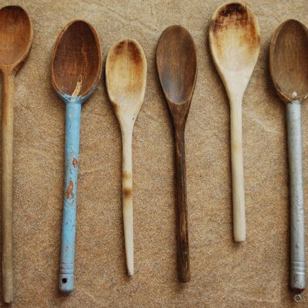 Old Painted Grungy Wooden Wood Spoons Primitive