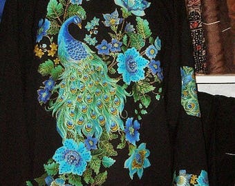 TEAL & ROYAL PEACOCKS on a black  jacket