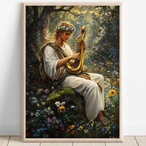 May include: A painting of a person wearing a wreath of flowers playing a golden lyre in a forest setting. The person is wearing a white robe and is surrounded by green foliage and colorful flowers.