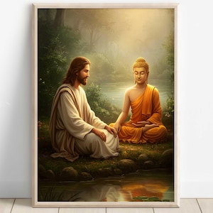 El Señor Buda meditando con Jesucristo, Jesús meditando junto con Buda, Impresión religiosa, Dios es uno, Impresión digital de Buda