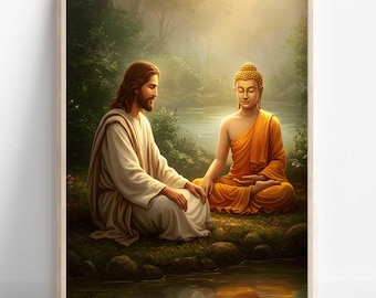 Lord Buddha meditating with Jesus Christ, Jesus meditating along with Buddha, Religious Print, God is one, Digital Print of Buddha