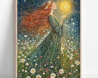 May include: A woman with long red hair stands in a field of white flowers, holding a glowing orb in her hands. The background is a dark blue sky with stars.