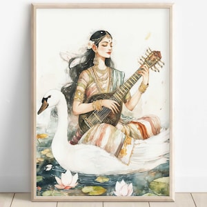 Saraswati, Goddess Saraswati, Goddess of Knowledge, Saraswati Art, Hindu Goddess, Indian Goddess, Digital Print of Saraswati