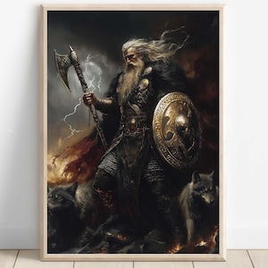 Odin Wall Art, Norse Mythology Decor, Viking God Artwork, All-Father Poster, Nordic Wall Art, Odin with Ravens and Wolves, Norse Home Decor