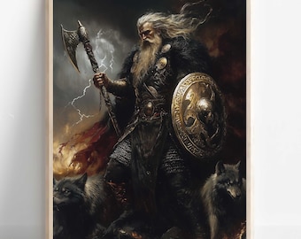 Odin Wall Art, Norse Mythology Decor, Viking God Artwork, All-Father Poster, Nordic Wall Art, Odin with Ravens and Wolves, Norse Home Decor