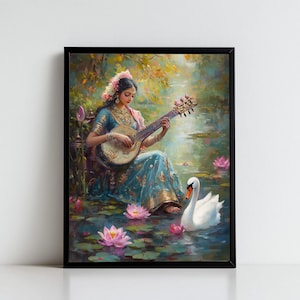 Saraswati, Goddess Saraswati, Goddess of Knowledge, Saraswati Art, Hindu Goddess, Indian Goddess, Digital Print of Saraswati