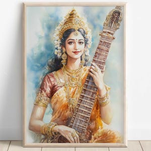 Saraswati, Goddess Saraswati, Goddess of Knowledge, Saraswati Art, Hindu Goddess, Indian Goddess, Digital Print of Saraswati