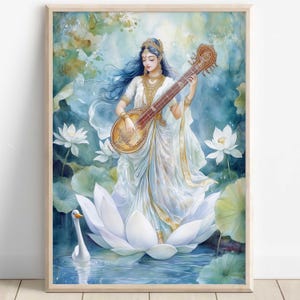 Saraswati, Goddess Saraswati, Goddess of Knowledge, Saraswati Art, Hindu Goddess, Indian Goddess, Digital Print of Saraswati