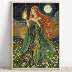 Brigid Celtic Goddess Wall Art, Irish Mythology Print, Goddess of Fire and Forge, Celtic Tonalism Decor, Sacred Feminine Pagan Artwork