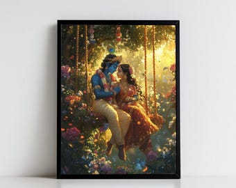 Krishna Art, Krishna and Radha, Radha Krishna, Krishna Painting, Hindu God, Hindu God Wall Art, Indian God, Digital Print of Krishna