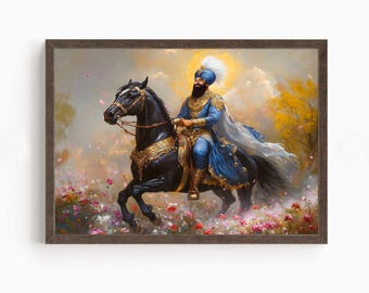Guru Gobind Singh, 10th Sikh Guru (1675–1708), Sikh Art, Vintage Religious Art Print, Sikh Spiritual Painting, Sikh Digital Painting