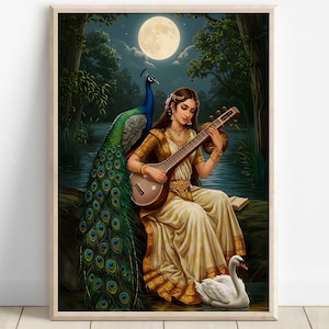 Saraswati, Goddess Saraswati, Goddess of Knowledge, Saraswati Art, Hindu Goddess, Indian Goddess, Digital Print of Saraswati