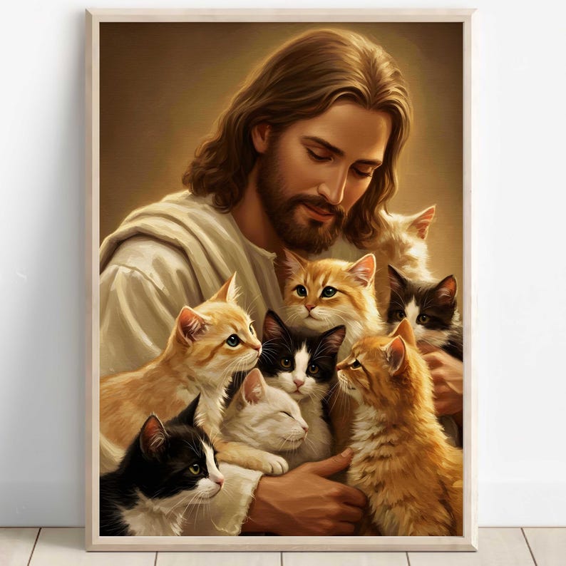 May include: A painting of a man with long brown hair and a beard holding multiple cats. The man is wearing a white robe. The cats are various colors including white, brown, black, and orange. The cats are all looking at the man.